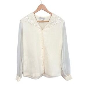 VTG 80s DIVIDENDS Sheer Unconventional Lace Collar Button Up‎ Blouse Ivory Sz 10